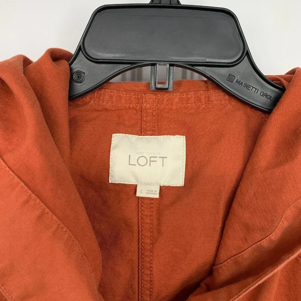 LOFT Anorak Jacket Utility Orange Hood Full Zip Button Linen Blend - Picture 3 of 10